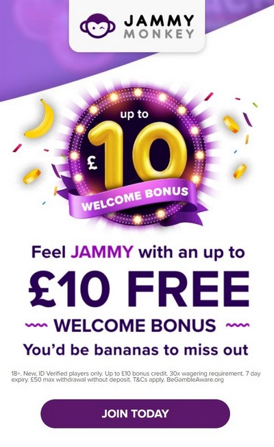 £10 No Deposit Bonus for new players at Jammy Monkey Casino £10 No Deposit Bonus for new players at Jammy Monkey Casino