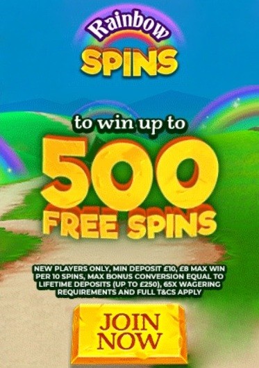 Get Welcome Bonus up to 500 Free Spins from Rainbow Spins Get Welcome Bonus up to 500 Free Spins from Rainbow Spins