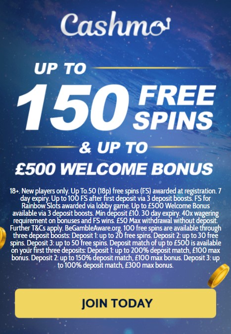 Welcome Bonus at Cashmo Casino: £500 + 150 Free Spins Welcome Bonus at Cashmo Casino: £500 + 150 Free Spins