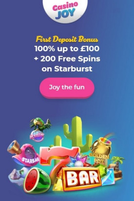 100% up to £100 + 200 Free Spins Welcome Bonus at JOY Casino 100% up to £100 + 200 Free Spins Welcome Bonus at JOY Casino