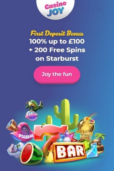 100% up to £100 + 200 Free Spins Welcome Bonus at JOY Casino