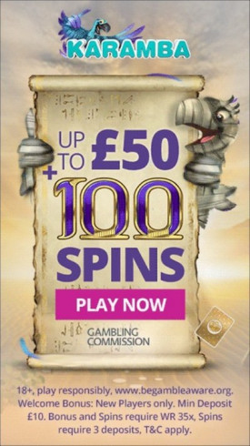 Welcome offer up to £50 + 100 spins at casino Karamba Welcome offer up to £50 + 100 spins at casino Karamba