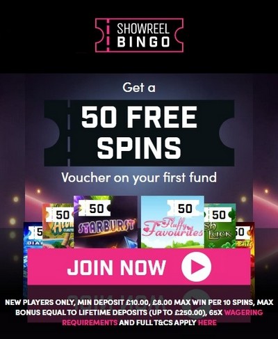 Welcome Bonus at Showreel Bingo Casino: 50 Free Spins